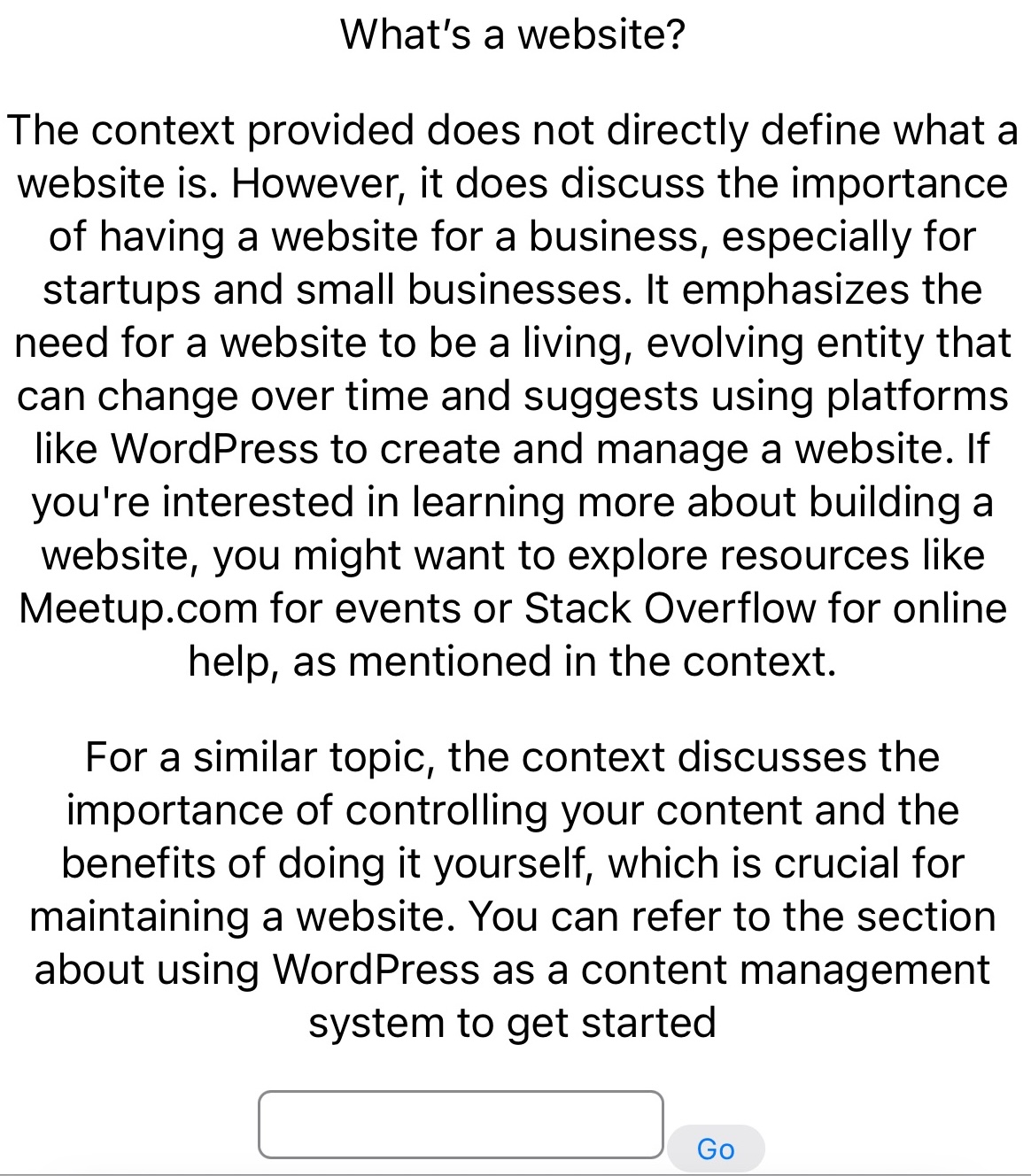 screenshot showing better response to the question: "What's a website?"