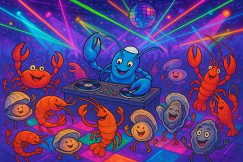 illustration of crabs, lobsters, and other shellfish having a dance party