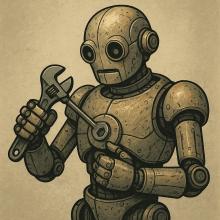 an illustration of a robot adjusting himself with a wrench