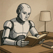 illustration: a robot reading a book